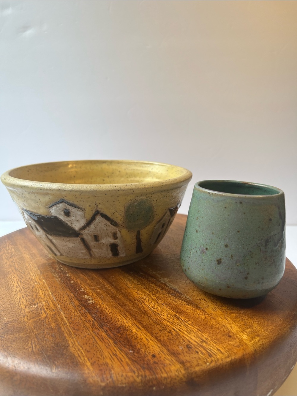 Vintage Studio Pottery Set Handcrafted Ceramic Bowl with Village Scene & Tumbler